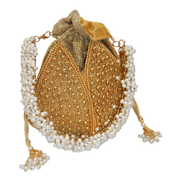 Ramla Handcrafted Lotus Pearl Beaded Embellished Potli Bag Gold - Picture 3 of 9